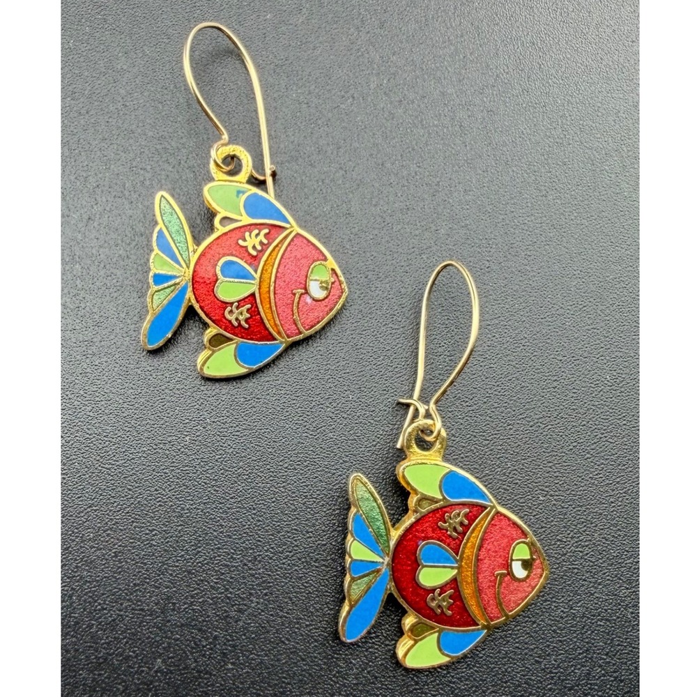 Aviva Taiwan Earrings Vintage 80s Enamel Tropical Fish Dangle Cloisonne Style